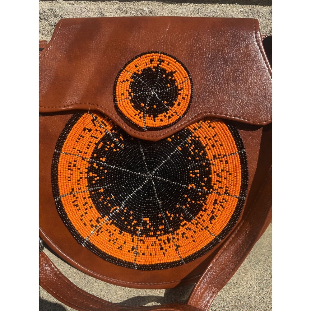 Handmade African Beaded Leather Crossbody Bag Orange Black Tribal Boho Artisan - Picture 2 of 7
